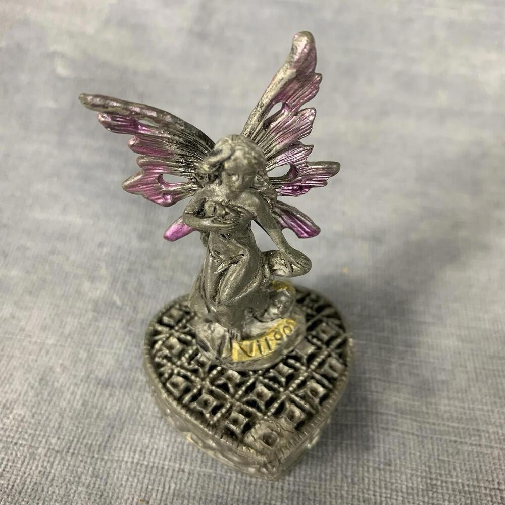 Trinket Box Pewter Small Heart Shaped Gold Virgo Sign Symbol Fairy Vintage